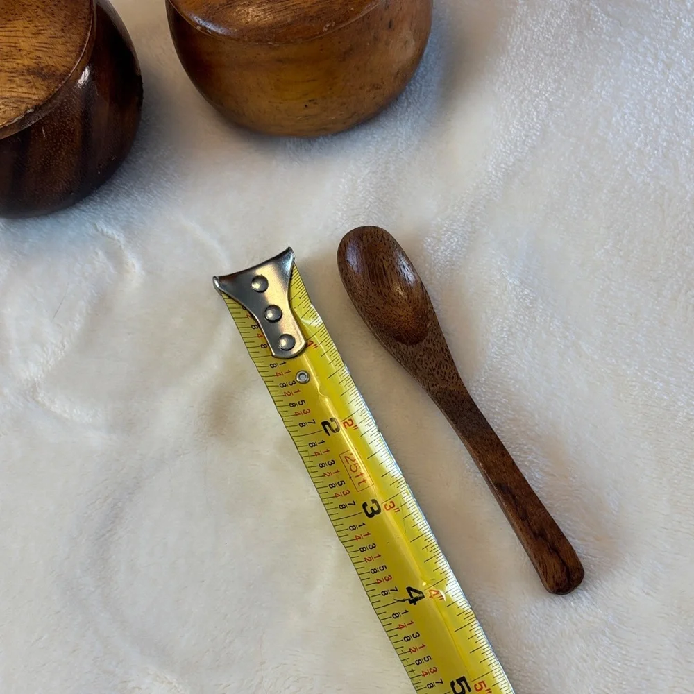 Mid-Century Wooden Dining Set with Carved Handles African Motif Condiment Bowls